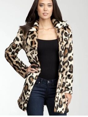 NWT Bebe brown black faux fur sexy animal leopard print trench top jacket XS 0 2